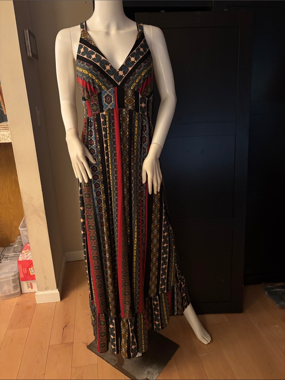 Tahari Black Maxi Dress with Red and Gold Stripes
